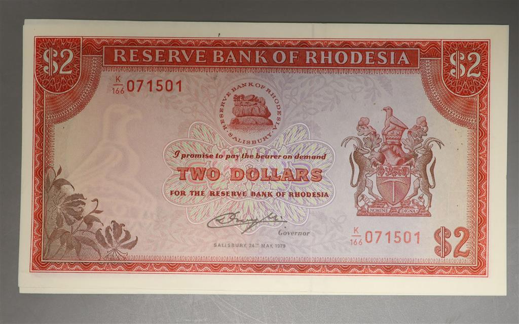 Reserve bank of Rhodesia, ten $2 dollar banknotes, consecutive serial numbers K/116- 24 May 1979 (10) all UNC